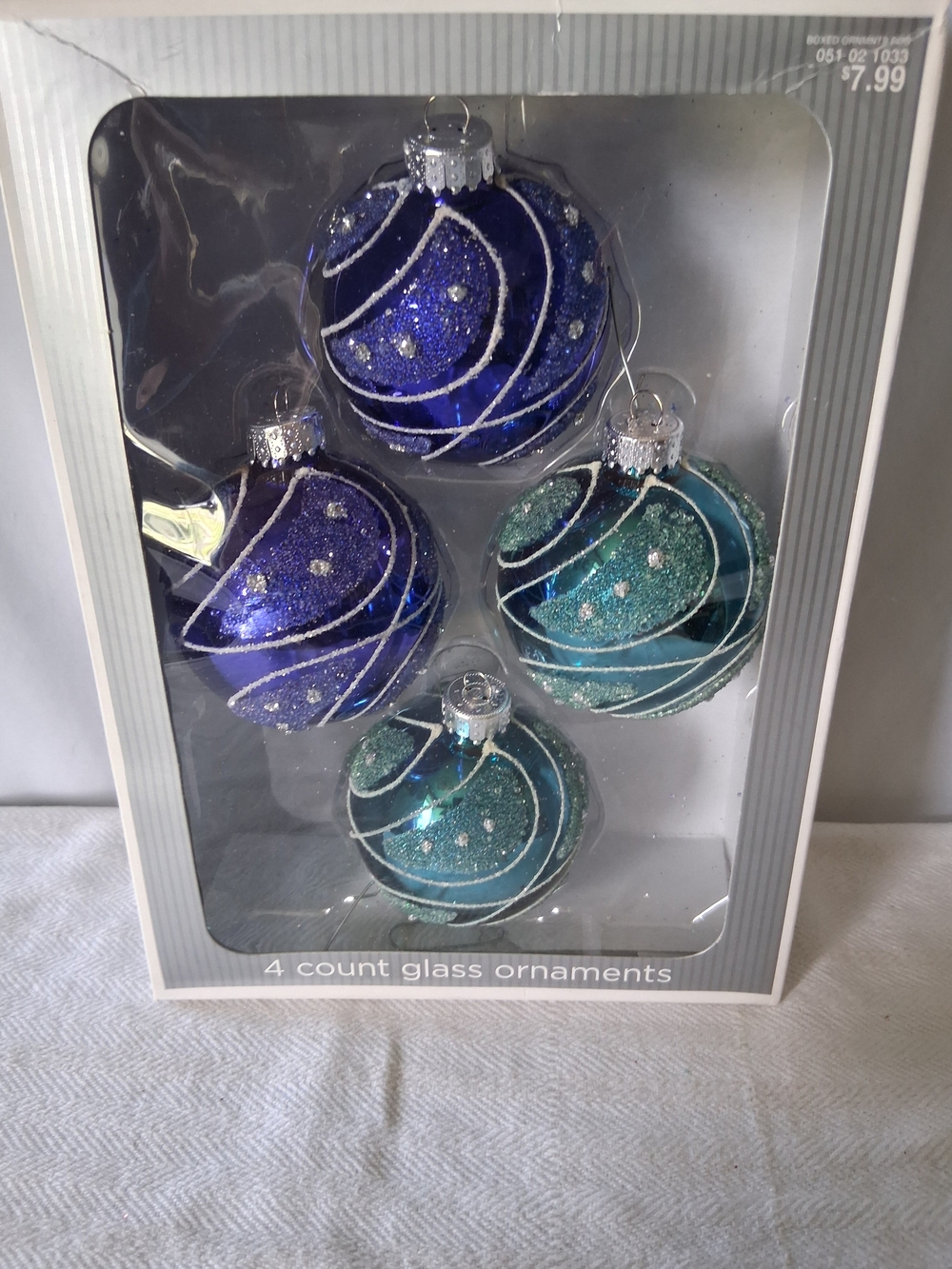 4-Pack Glass Holiday Ornaments in Blue & Teal with Glitter Accents